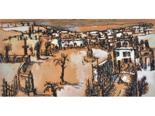 Onleesbaar signatuur - Stadszicht - gemengde techniek