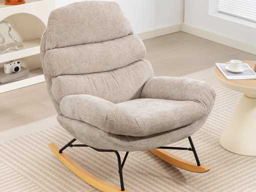 Fauteuil à bascule rembourré, pieds en acier et patins en bois, marron