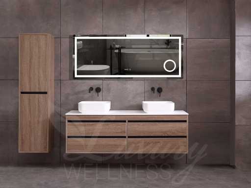 Meuble de salle de bain 2 personnes 160cm (chêne brun) avec (armoire suspendue) et lavabo(s) en pierre naturelle ou en solid surface