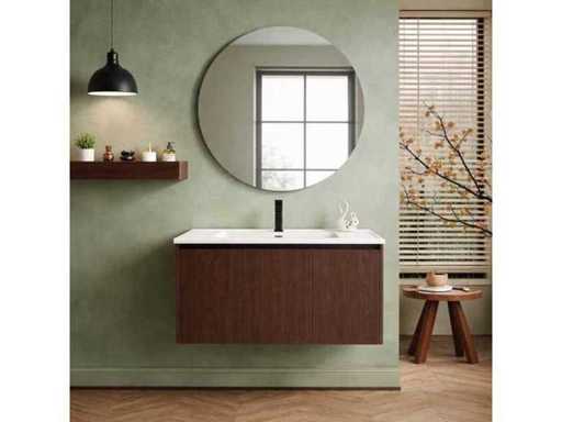 WALNUT BATHROOM FURNITURE SET 80CM INCL FAUCET AND MIRROR