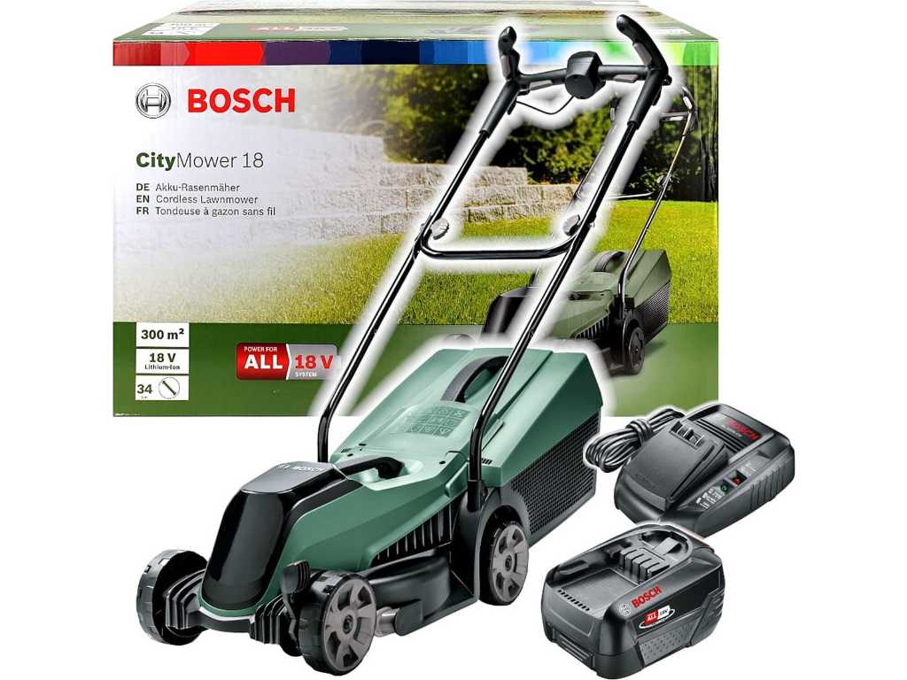 Bosch - Citymower 18-300 - Tondeuse à gazon 18V avec batterie 4.0Ah et chargeur
