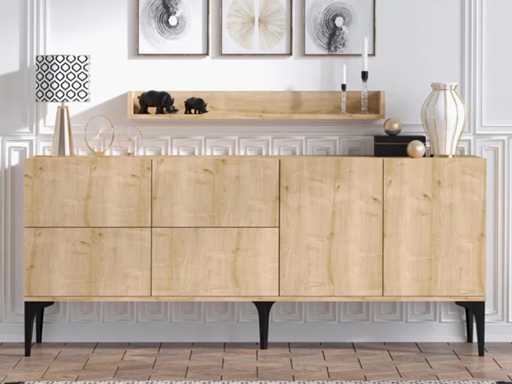 Spaanplaat entreekast met 6 deuren en plank in eikenhouten kleur