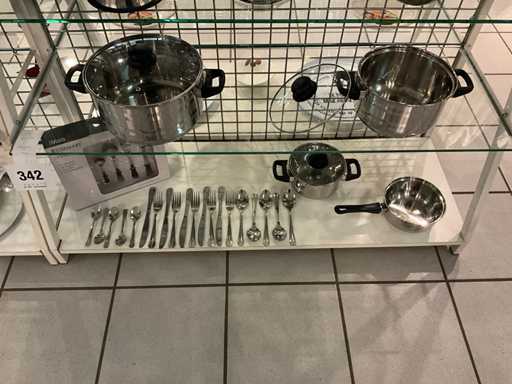 Ssw inox kookpottenset met deksel  + 24 delig inox  bestek SSW voor 6 personen