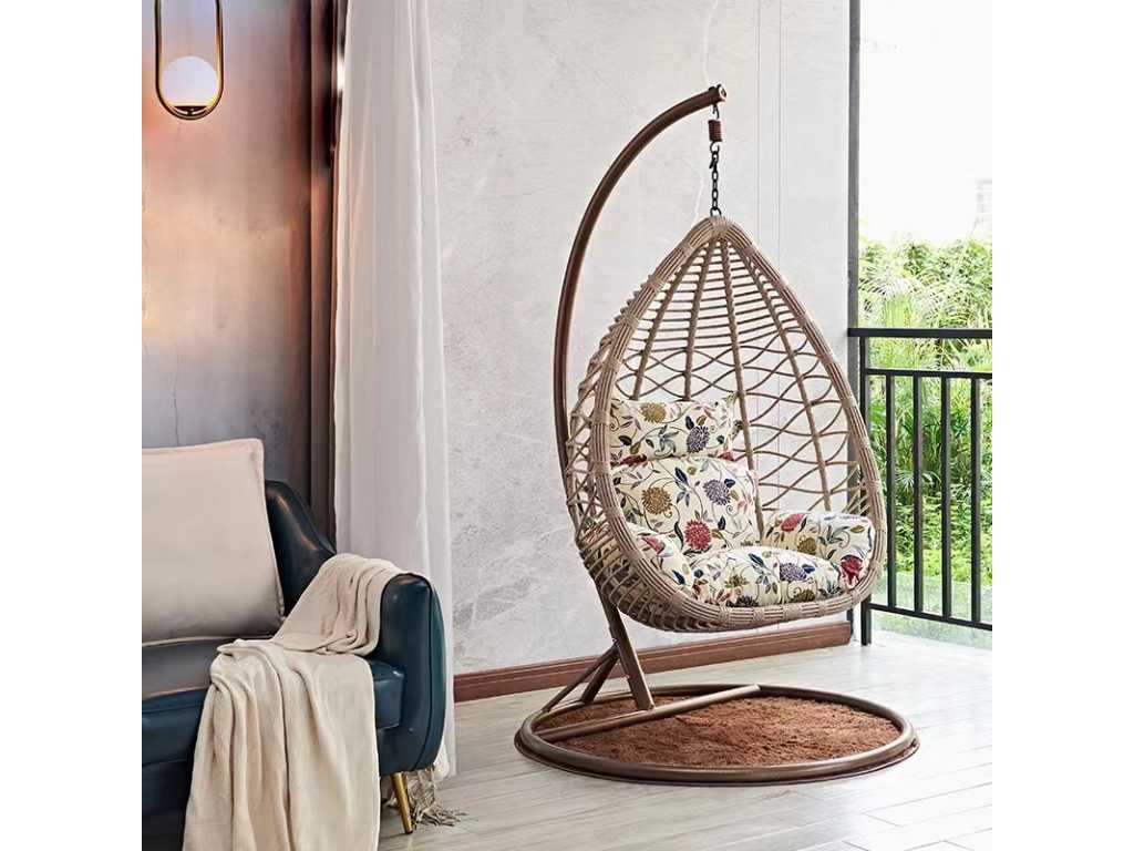 Hammock chair 95 cm wide - Height 200 cm - Brown frame / White cushions with print
