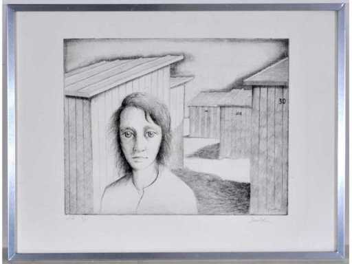 Roland Devolder - Figure between beach cabins - etching