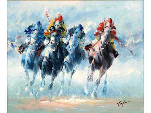 Taylor - Jockeys en racepaarden in actie - acryl op doek - 50x60 cm 