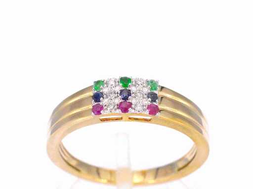 Gold ring with diamond and multicolour gemstones