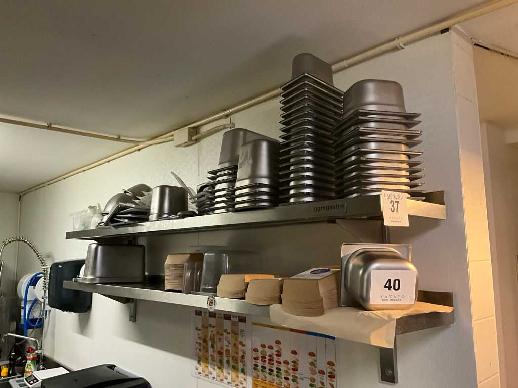 Approx. 84 various stainless steel GastroNorm containers and some kitchen utensils