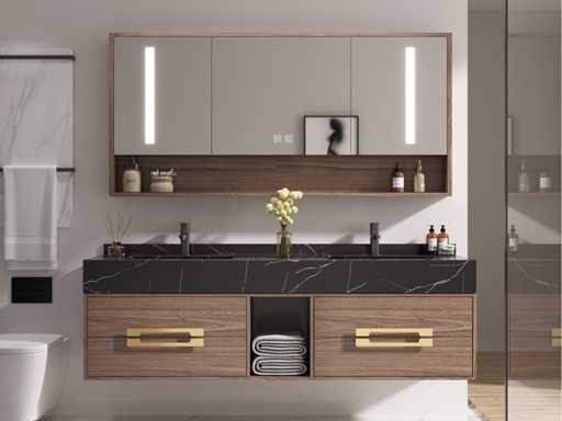Bathroom furniture 2-person - 150 cm - Wood decor with black marble sink - Incl. taps 