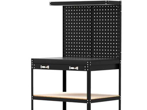 Établi noir avec panneau perforé et étagères