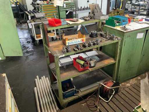 Platform trolley, with RÖHM 3-jaw chuck and other contents