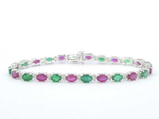 Brățară de tenis din aur alb cu diamant, smarald și rubin