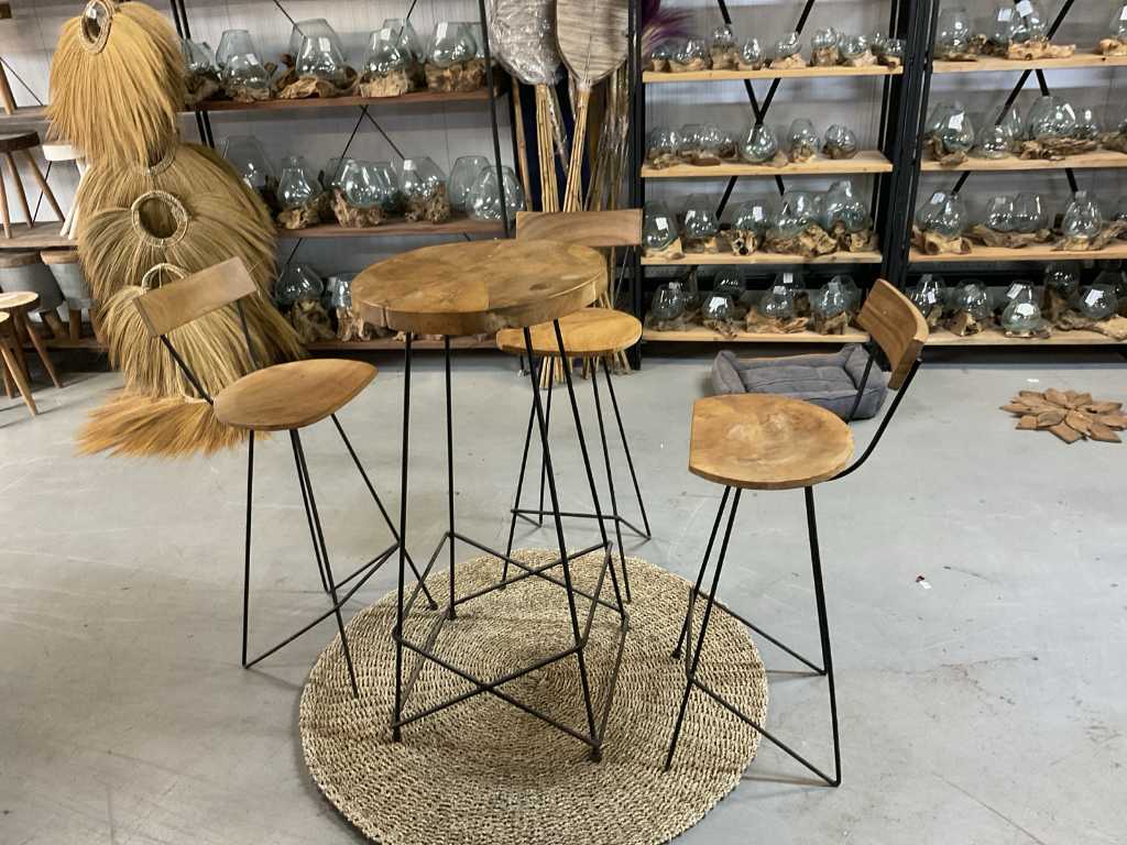 Stół barowy z drewna tekowego z 3 krzesłami barowymi