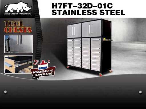 Rhino-Cross-Workbench H7ft-32D-01C Stainless Steel Workbench 32 drawers 4 doors