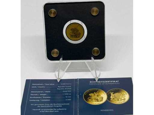 Or 999 (1/500 oz) – 3 000 francs CFA pièce commémorative souveraine (République du Tchad), diamètre de 16 mm.