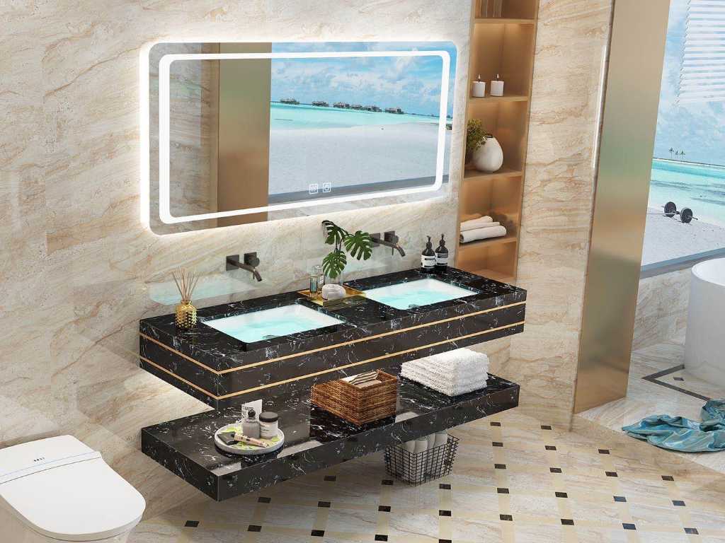 2-Delig Duo-badkamermeubel zwart-Marmer. Met Led spiegel en muurkranen (150cm)
