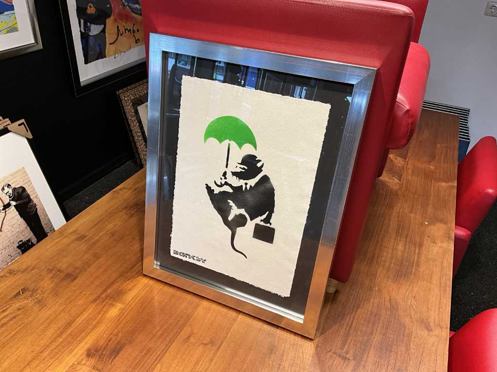 Spray art Banksy "Rat umbrella"