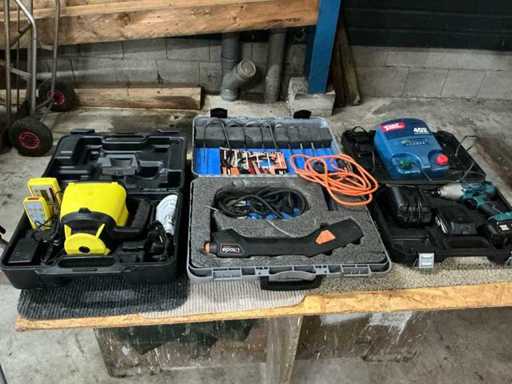 Heizgerät, kabelloser Bohrer und Drehlaser