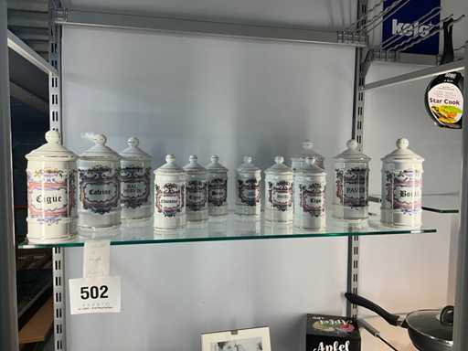 Diverse antieke apotheekpotten (12x) met opschrift