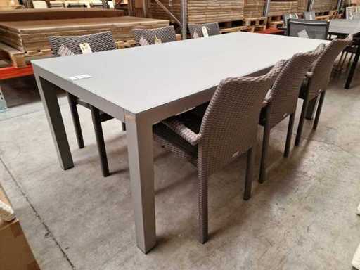 Prestige de jardin - Table de jardin en Alu Cléopâtre gris chaud mat 220 x 100cm + Verre gris clair
