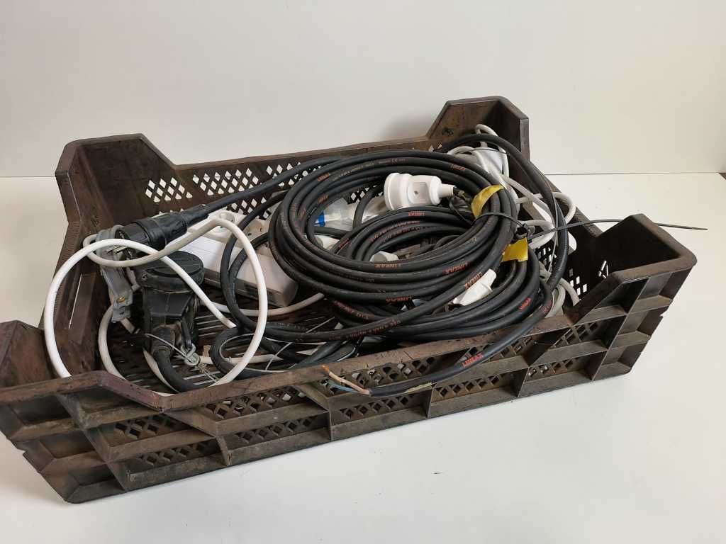batch of cables and sockets in crate