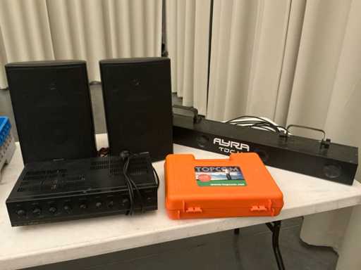 Speakers, amplifier, walkie talkie, CD player and light spots