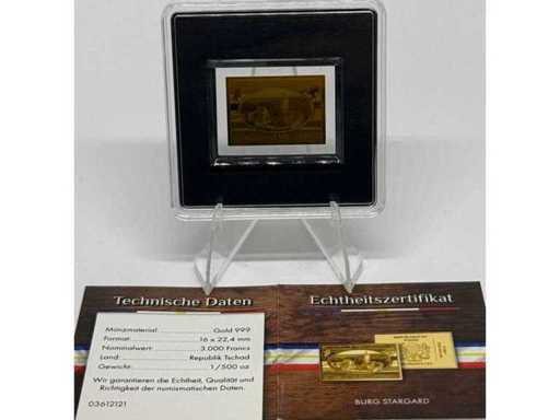 Or 999 (1/500 oz) – billet commémoratif d’or Castle Stargard de 3 000 francs CFA (République du Tchad), format 16 × 22,4 mm.