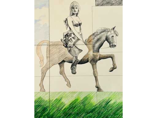 Adriaan de Kruijff - Ariadne rijdt op Puzzle - tekening in gemengde techniek