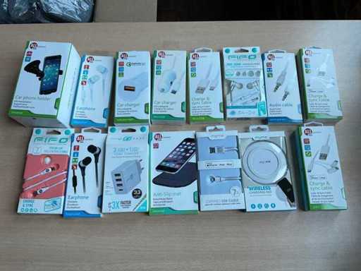 All Conect and Greenmouse - earphones, chargers, charging cables, phone holders (75x)