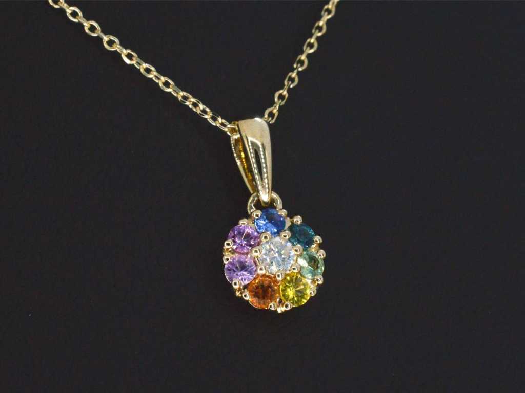 Gold pendant on necklace with diamonds and multicolour sapphires