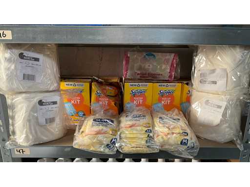 Various household items including swiffer duster kit