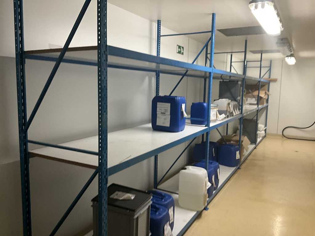 Blue metal storage rack with various shelves