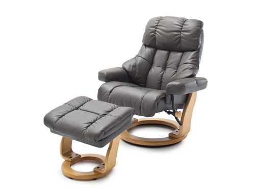 TV-fauteuil met voetsteun, van koeienleer - grijs en beuk