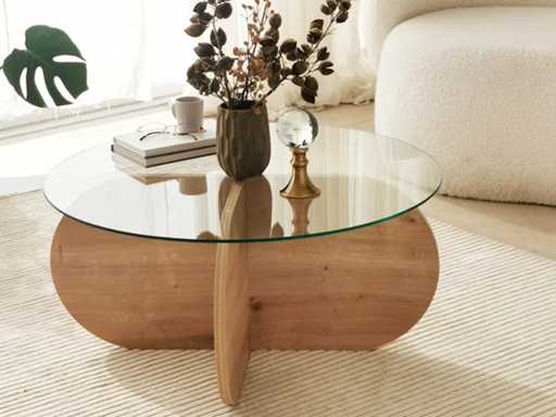 Ronde salontafel van glas en hout