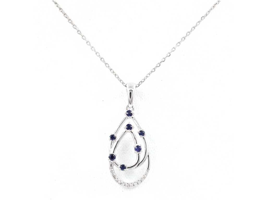 14 KT White gold Necklace with Pendant With Natural Diamonds and Blue sapphire