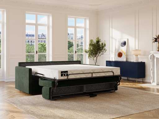 Canapé 3 places convertible express en tissu vert sapin - Couchage 140 cm - Matelas 18 cm