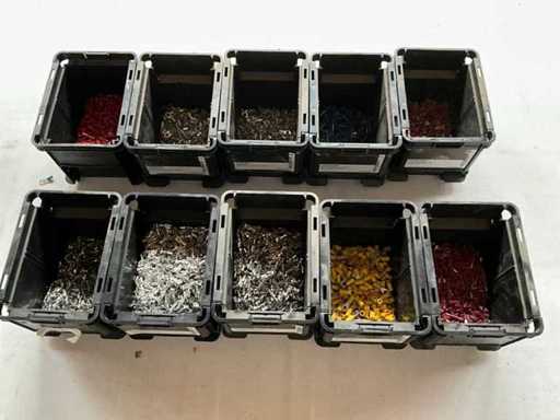 Assorted fasteners including ring tongue in stackable bins