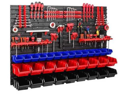 Porte-chantier mural avec plateaux empilables et porte-outils