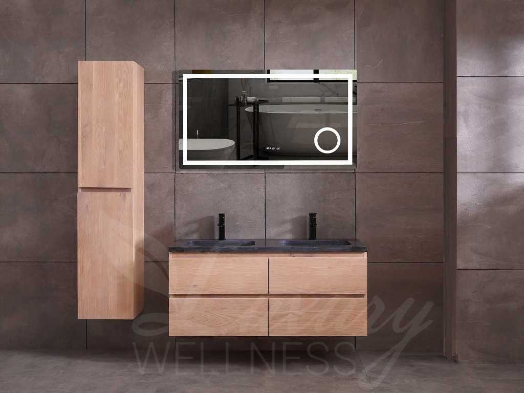 Meuble de salle de bain en chêne 2 personnes 120cm (2 couleurs disponibles) avec (meuble suspendu) et miroir LED Bluetooth et différentes combinaisons de lavabos