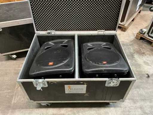 Custodia con 2 altoparlanti JBL EON 1500, quattro ruote girevoli, custodia divisa due volte - molto utilizzata 
