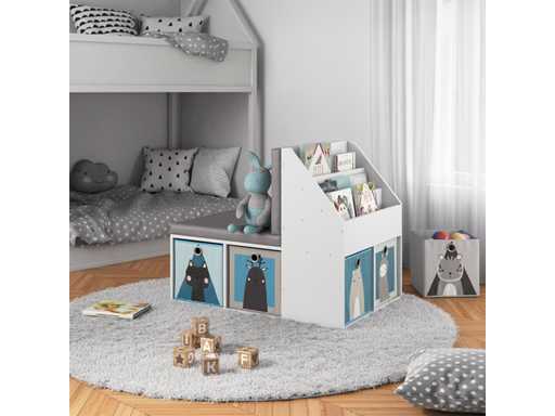 White children's bookcase with grey seat 97x67x78 cm