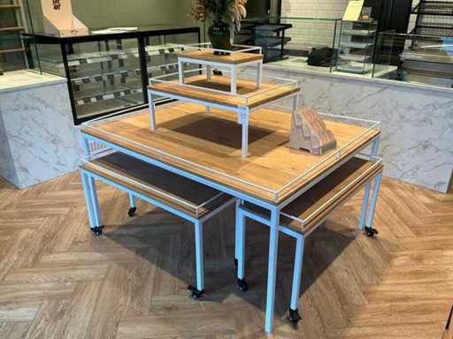 Masă de prezentare și raft pentru pâine din oțel crud și lemn (5x)