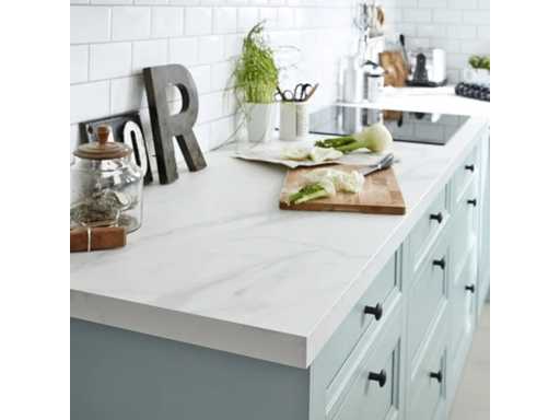 Standaard gelamineerd werkblad wit marmer, 126 x 104 cm breed, dikte 38 mm