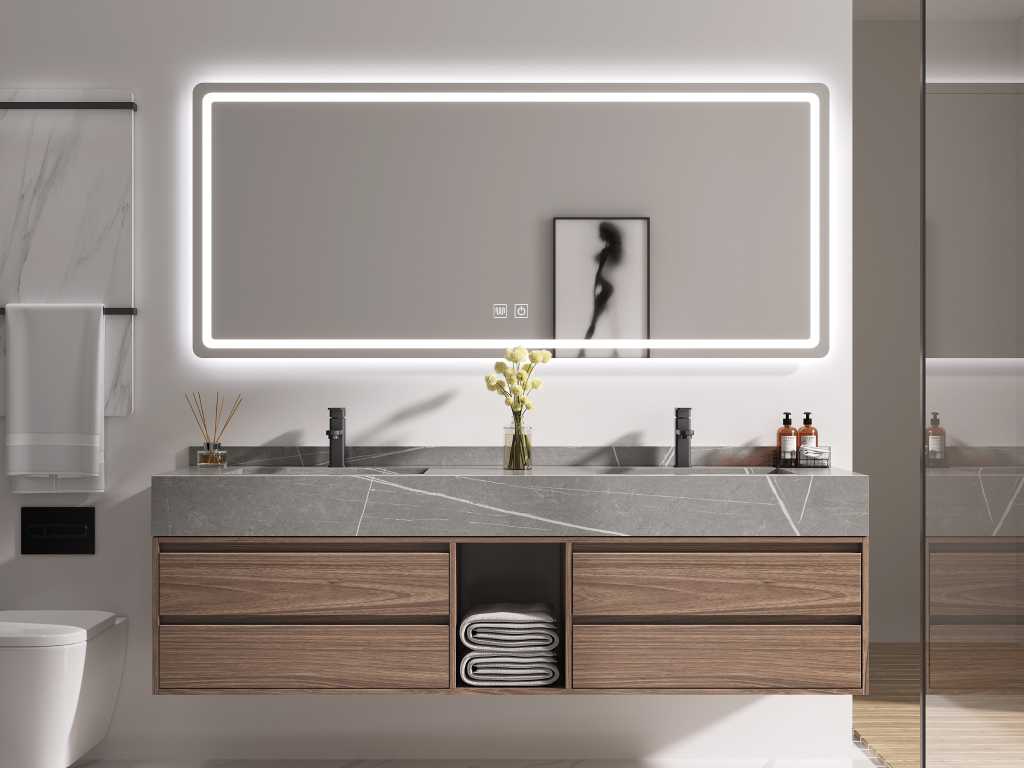 Badmöbel 2 Personen - 150 cm - Holzdekor mit Waschbecken aus grauem Marmor - Inkl. Wasserhähne 