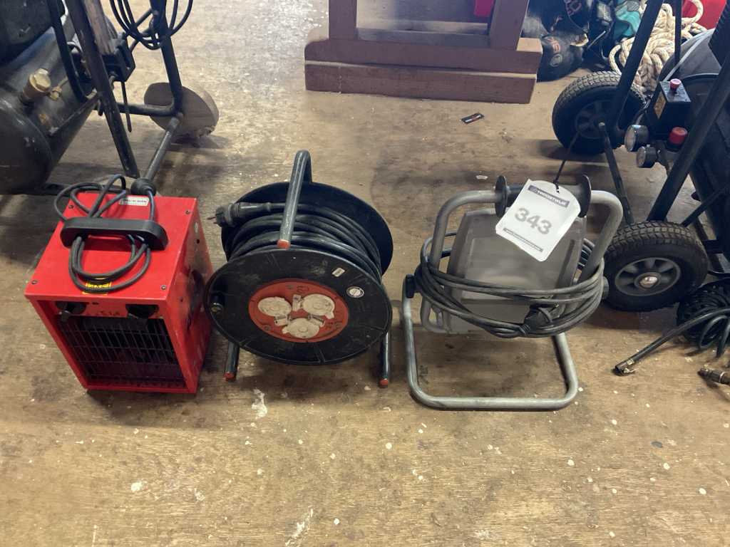 Heater, extension reel and construction light