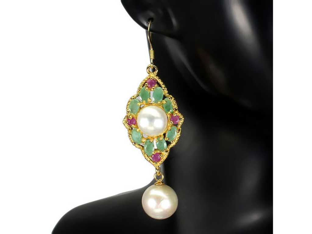 Earrings 925 Silver 69.70 carat Pearl, Ruby & Emerald