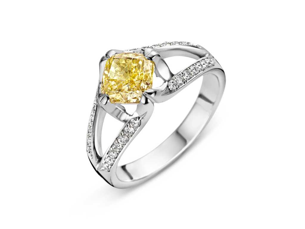 Unique ring with yellow cushion diamond (RG14020)