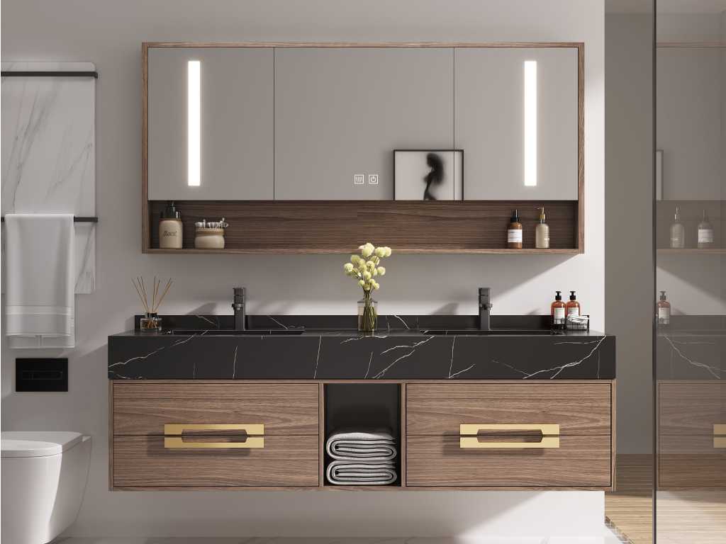 Mobilier de salle de bain 2 personnes - 120 cm - Décor bois avec lavabo en marbre noir - Robinetterie incluse 