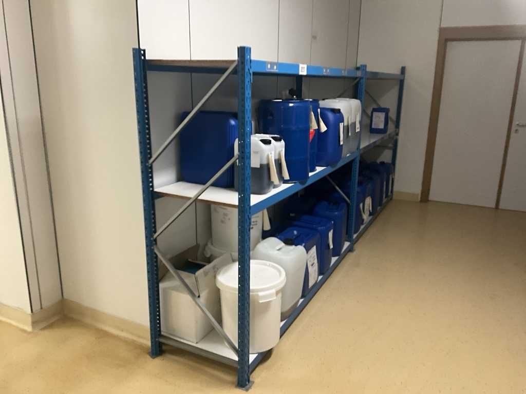 Blue metal storage rack STOW with various shelves