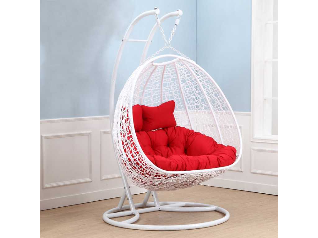 Fotel hamakowy dwuosobowy: 2 osoby 130 cm szerokości -Wysokość 200 cm - Biała rama / czerwone poduszki